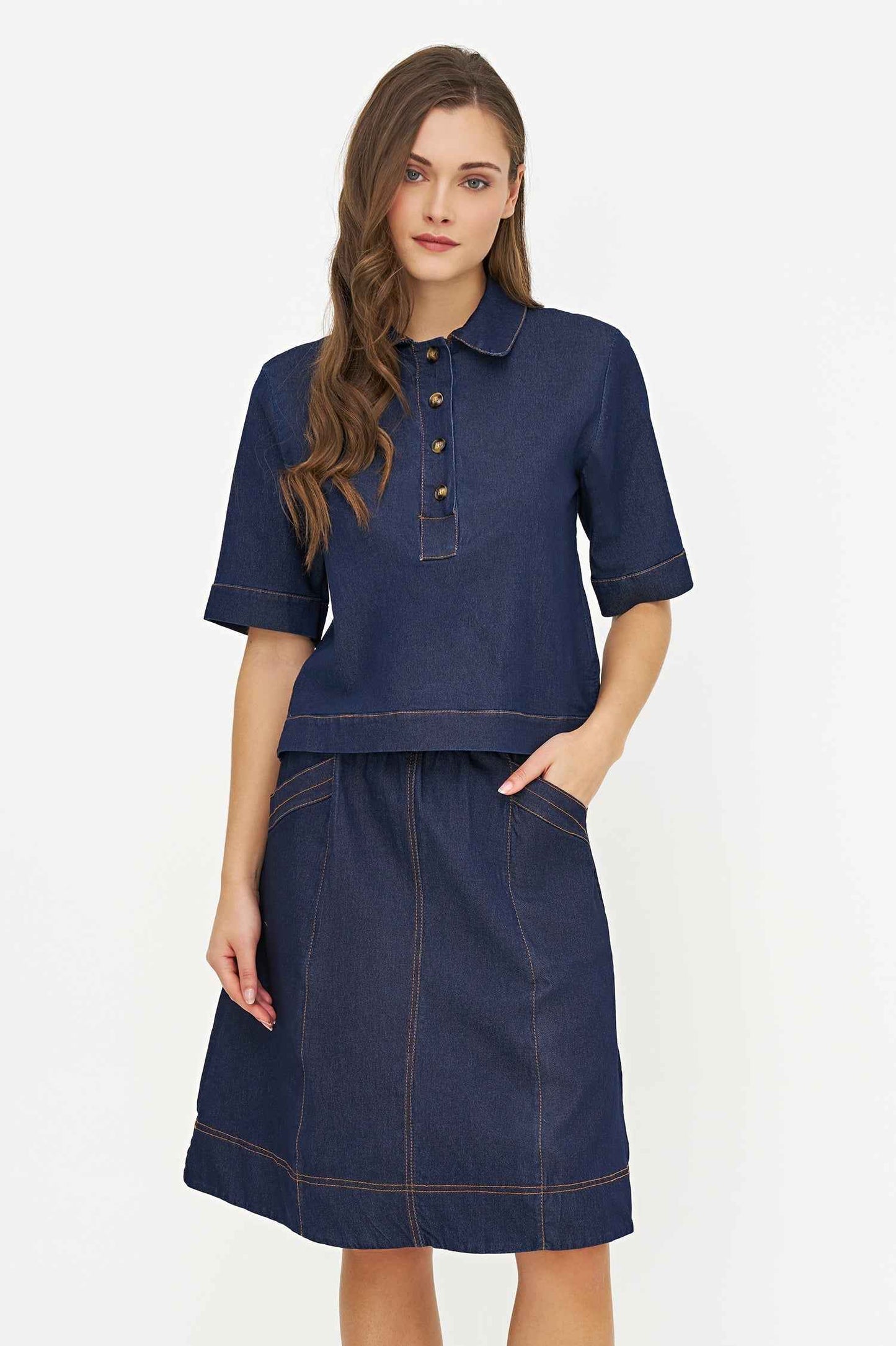 Women's Woven Lt. Weight Denim Top, with a Partial Button-Down Placket, a Shirt Collar & Elbow Length Sleeves