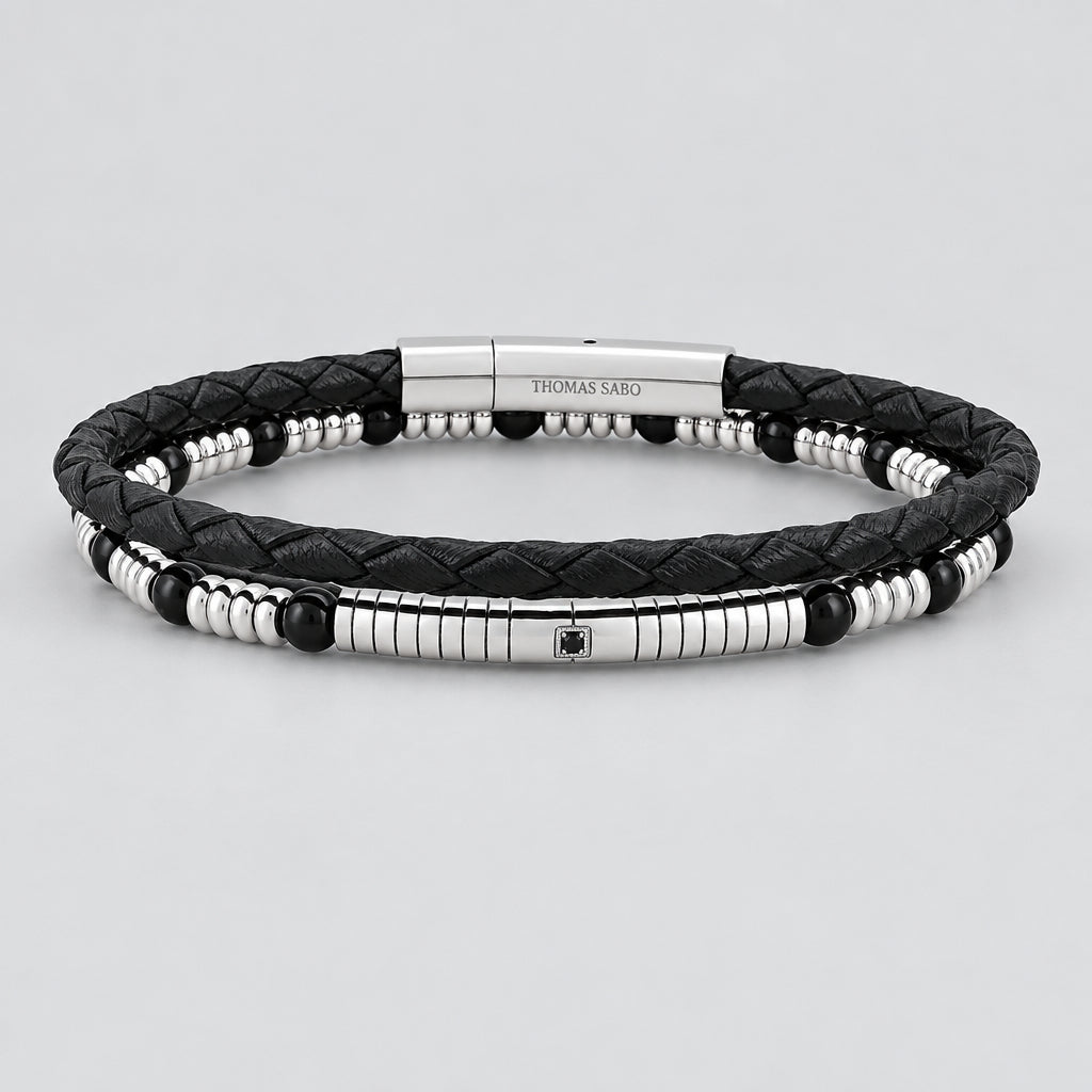 Men’s Dual-Strand Stainless Steel & Black Braided Leather Biker Bracelet