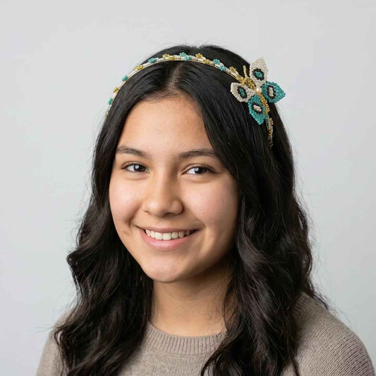 Beaded Headband with Butterfly Turquoise