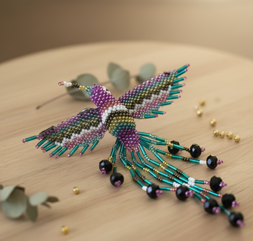 Purple and light green Hummingbird Barrette with Fringes