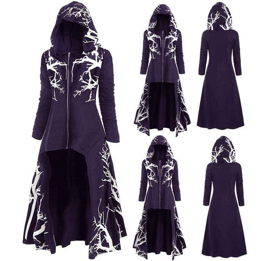 Gothic Halloween Cape Jacket for Women – Printed Long Sleeve Zip-Up Costume Coat