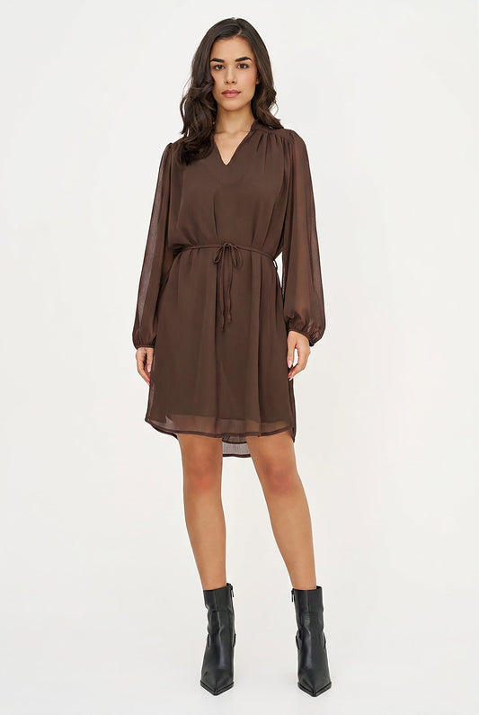 Women's Woven V-Neck Dress, Long Sleeves & Removable String Belt