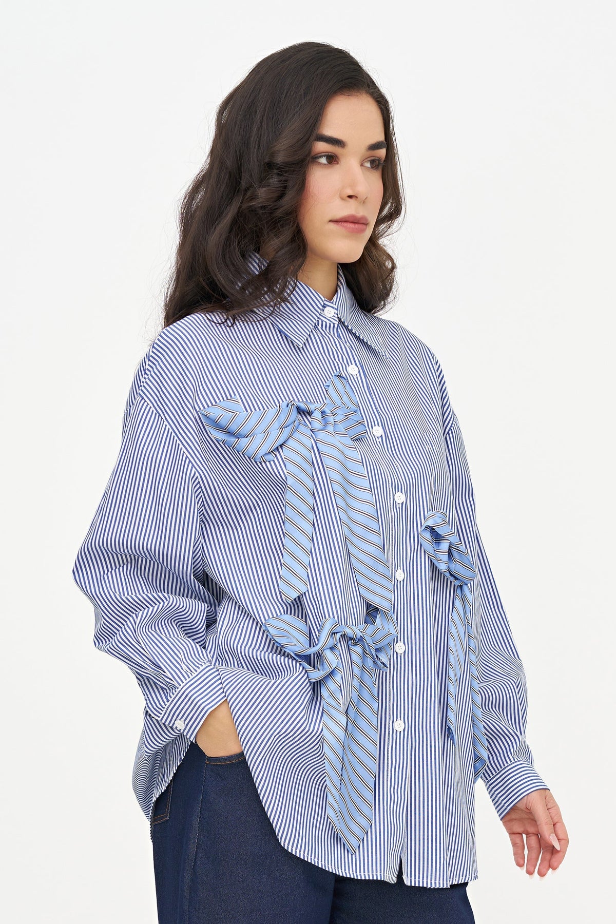 Women's Woven Oversized Striped Button-Down Shirt, with Long Sleeves & Applied Bow Detailing