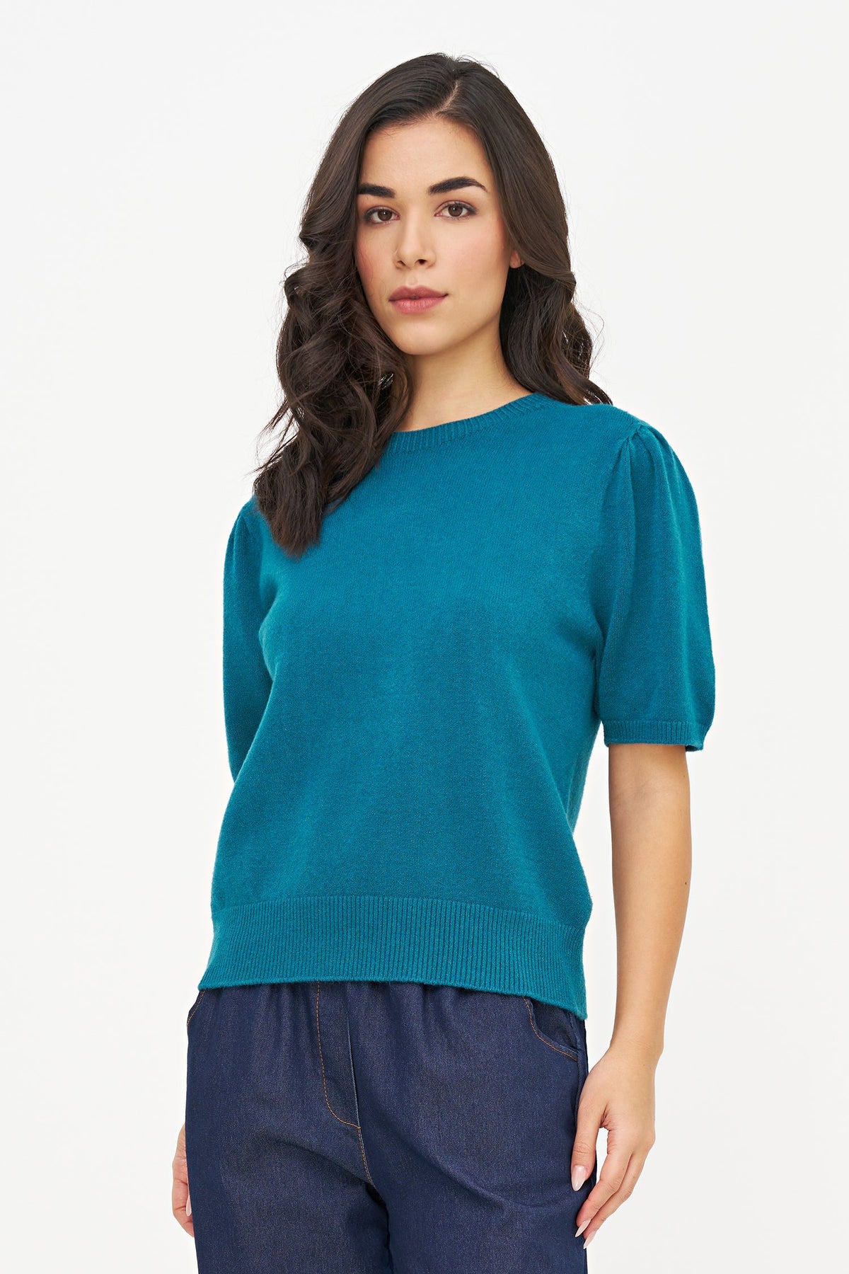 Women's Knit Wide Crew-Neck Sweater, with Elbow Length Sleeves with a Gathered Shoulder Detailing