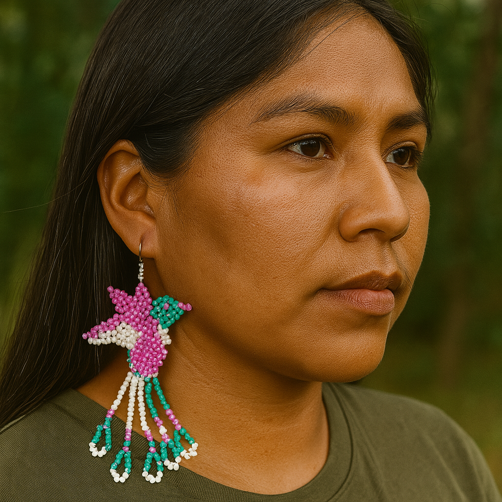 Handmade Beaded Hummingbird Earrings – Turquoise & White