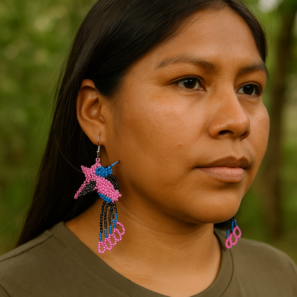Handmade Beaded Hummingbird Earrings โ Pink & Blue