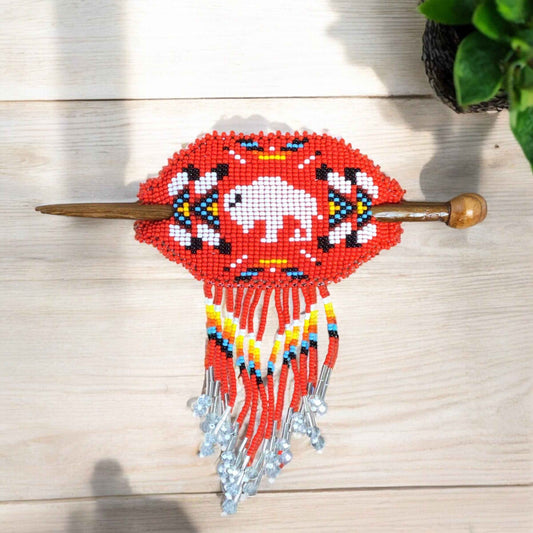 Buffalo Fringed Beaded Barrette & Wooden Stick