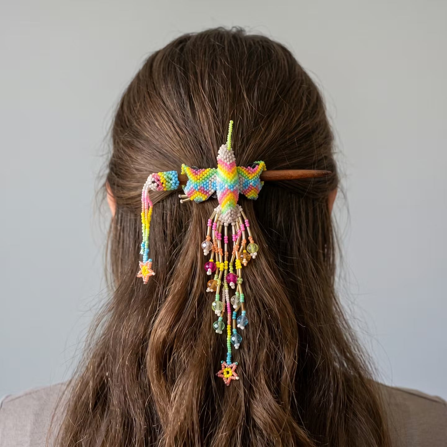 White Hummingbird Beaded Hair Stick