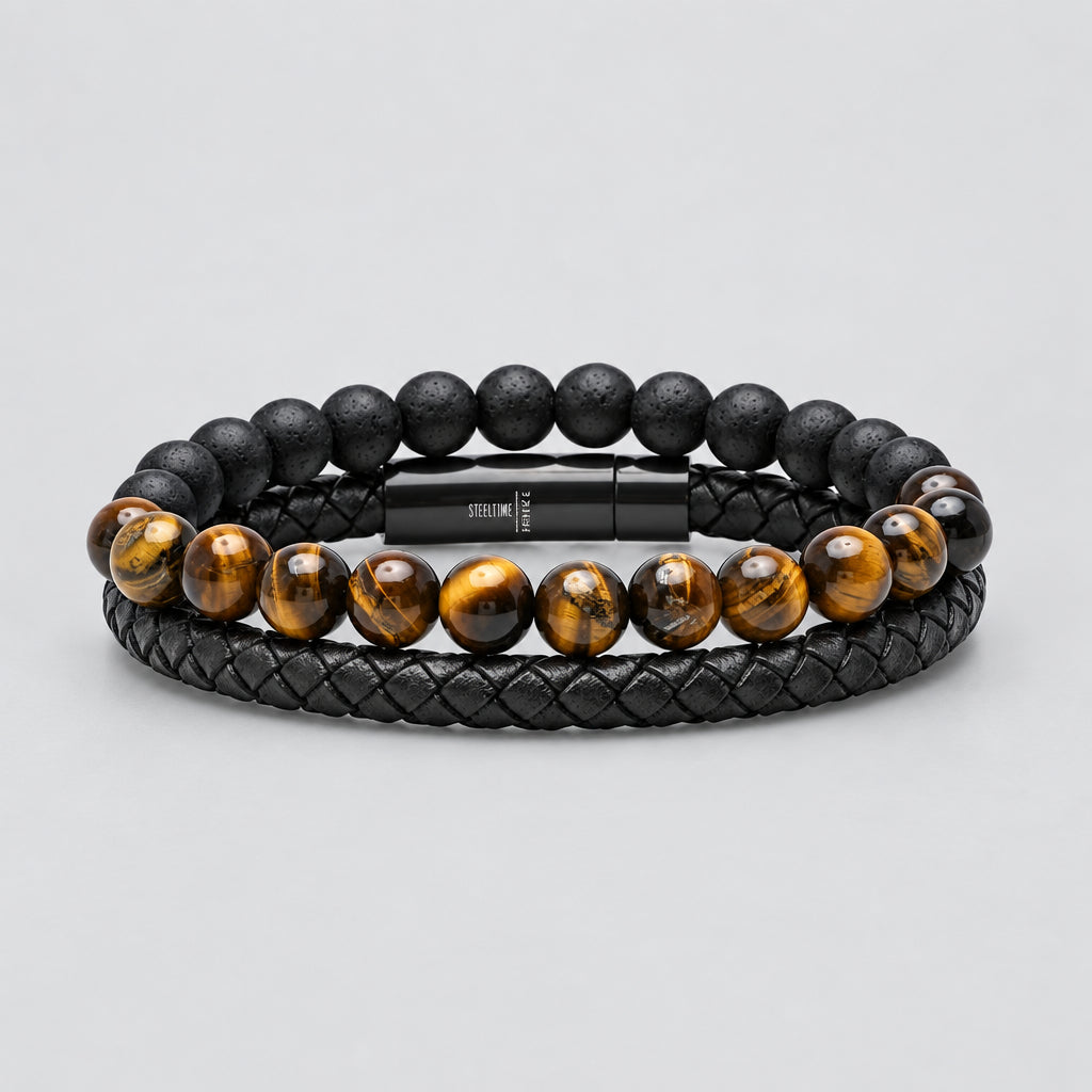 Men’s 2-Piece Bracelet Set. Brown Braided Leather & Tiger Eye with Black Lava Beads