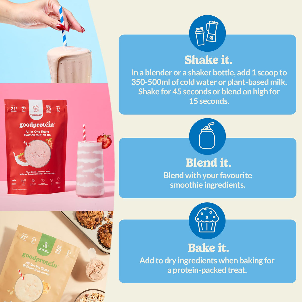 Good Protein Vegan Plant-based Protein Powder 100% Natural, Non-GMO, Dairy-free, Gluten-free, Soy-free, No Added Sugar and Nothing Artificial. Bananas & Cream All-in-One Shake 440 grams 🍁 All In One Marketplace Canada