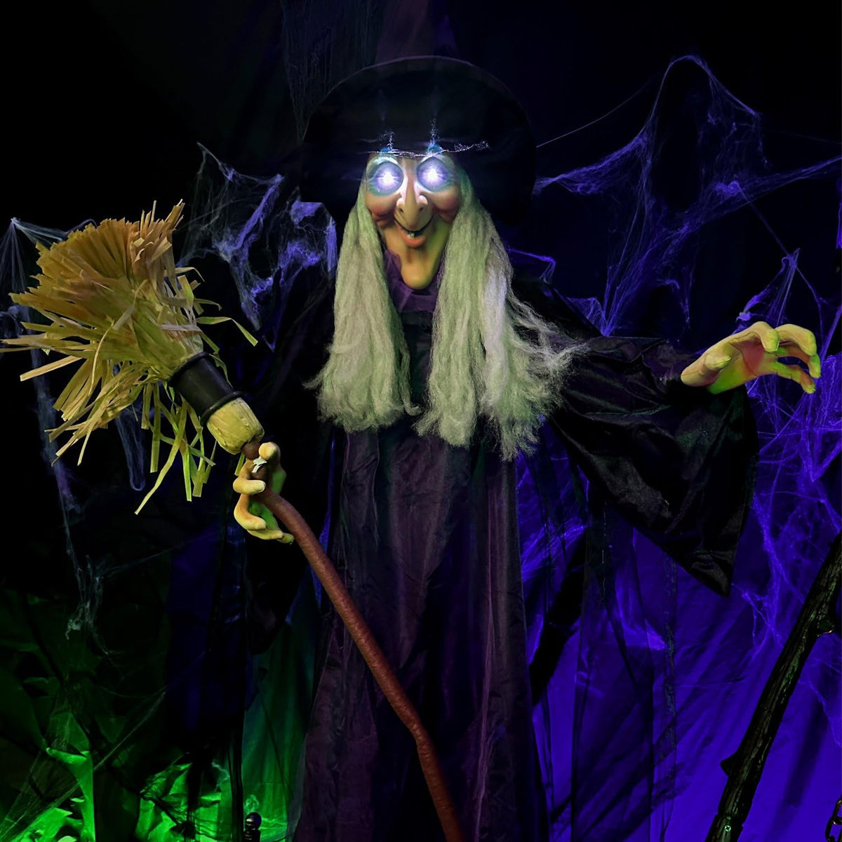Haunted Hill Farm Life-Size Scary Talking Witch with Broomstick, Halloween Animatronic with Touch Activated Lights and Sound, Battery Operated Indoor or Covered Outdoor Halloween Decorations