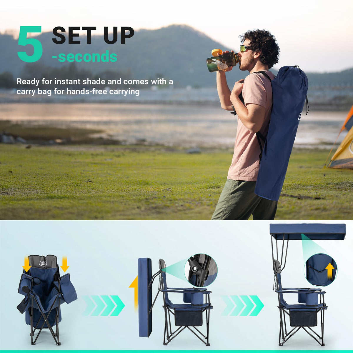 Overmont Beach Chair with Canopy Shade and Cooler - Support 330lbs Oversized Folding Camping Chair with Umbrella- Cup Holder - Cool Bag - Lounge Chair for Sand Travel Outdoor Pool Sports Blue 2pcs 🍁 All In One Marketplace Canada