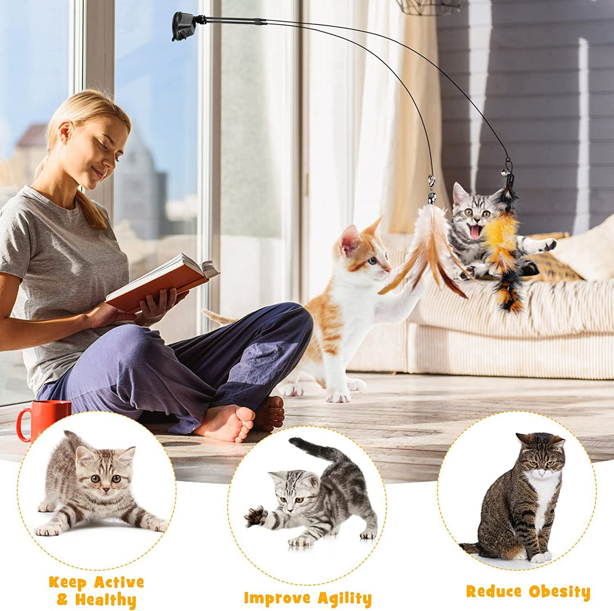 Cat Feather Toys, Cat Toys Wand, Interactive Cat Toy with Super Suction Cup, 2 PCS Cat Wand Toy and 6 PCS Feather Replacements with Bell, Interactive Cat Toy Kitten Toys for Indoor Play Chase Exercise (Natural) 🍁 All In One Marketplace Canada