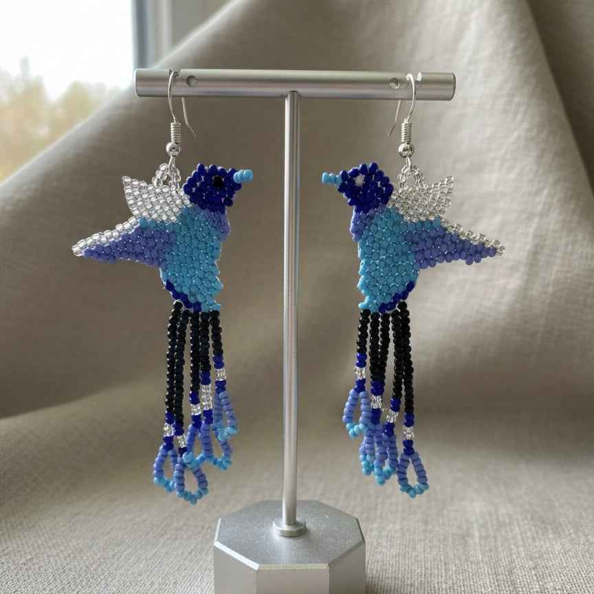 Handmade Beaded Hummingbird Earrings โ Turquoise & Black