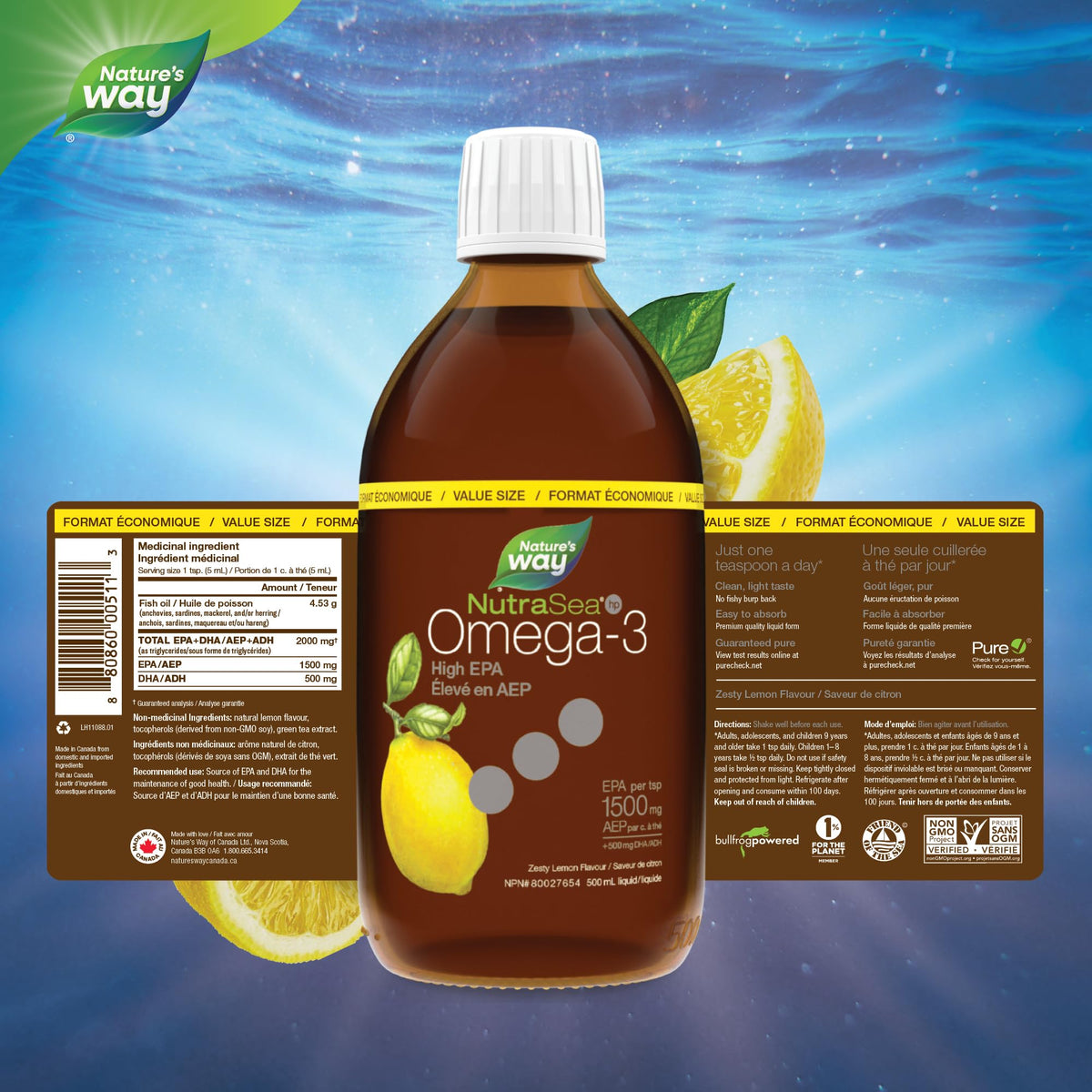 Nature's Way NutraSea HP Omega 3 High EPA Fish Oil Liquid Supplement for Adults and Kids Ages 1+ – Zesty Lemon Flavour – Heart & Brain Support – 1500mg EPA, 500 mL Value Size 🍁 All In One Marketplace Canada