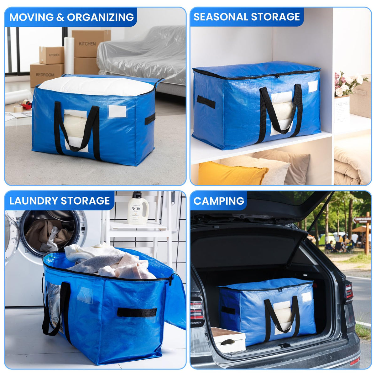 TAILI Extra Large Moving Bags, Heavy Duty Totes for Storage with Visible Window, U-Shaped Around Handles, Storage Contrainer Box for Space Saving, Blue, 4 Pack ๐ All In One Marketplace Canada