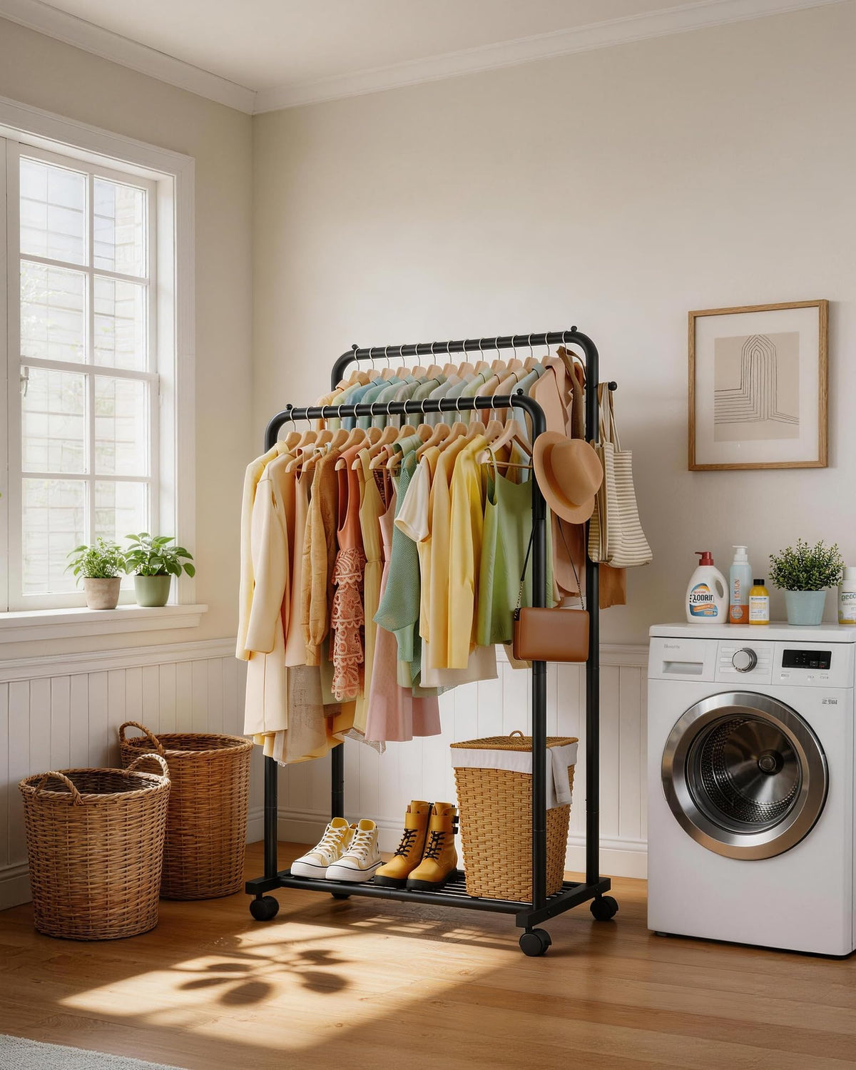 Sakugi Double-Rod Metal Clothing Rack with Wheels, Black đ All In One Marketplace Canada