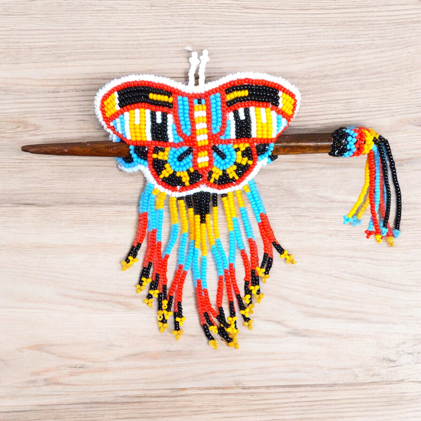 Red and Yellow Wooden Stick Butterfly Beaded Barrette with Fringes