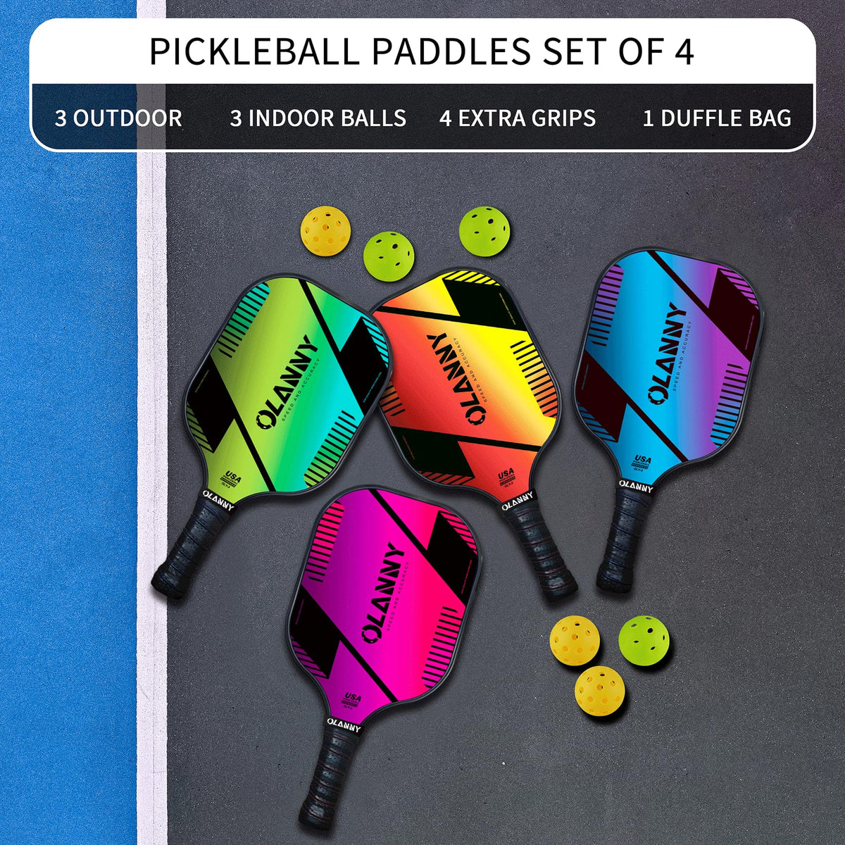 OLANNY Graphite Pickleball Paddles 4 Pack - Premium Rackets Fiber Face & Polymer Honeycomb Core Pickleball Set Includes 4 Pickleball Paddles + Balls+1 Bag (Gradient Pickleball Paddles) 🍁 All In One Marketplace Canada