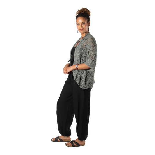 Popcorn Knit Short Sleeve Cardigan - Grey