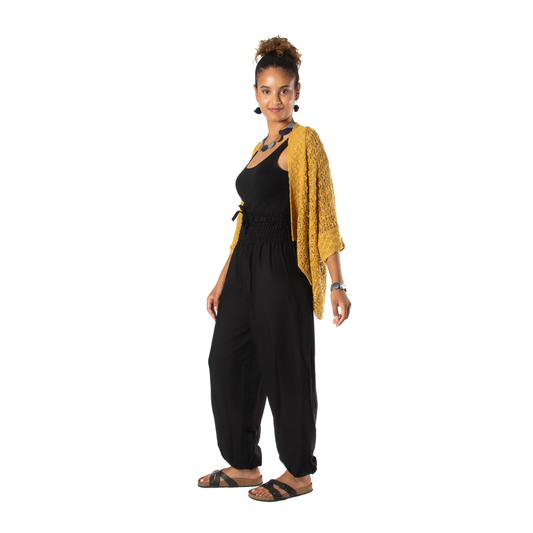 Popcorn Knit Short Sleeve Cardigan - Mustard