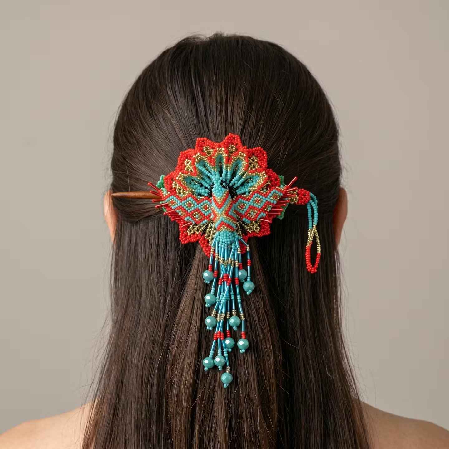Maple Blossom Hummingbird Beaded Hair Stick Barrette Turquoise