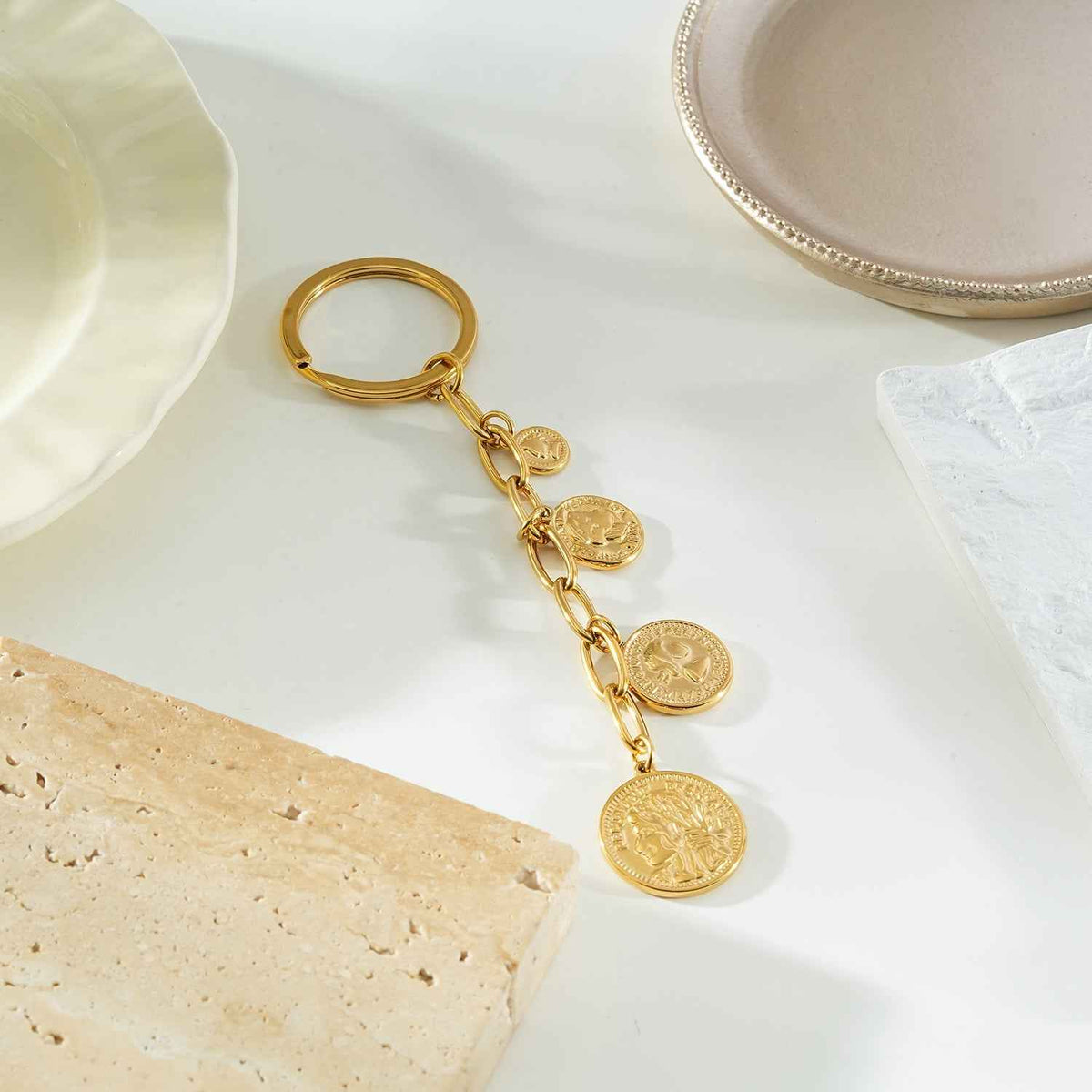 NYRIS Gold: Coin Charms on Paperclip Chain Key Ring