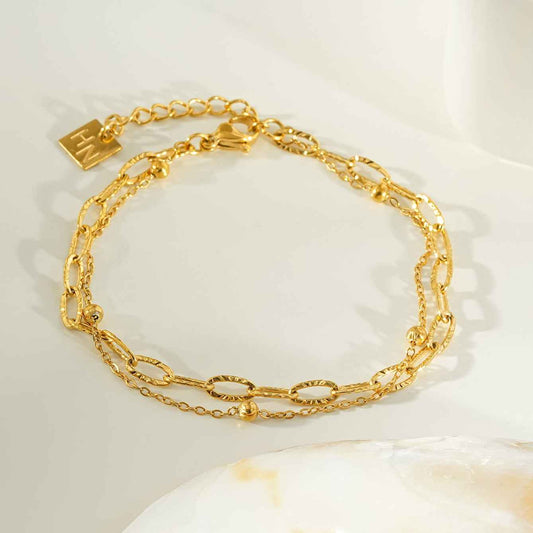 CASTILA Gold Bracelet: Double Stacked Paper Clip Chain & Beaded Chain - Dazzle in Duality