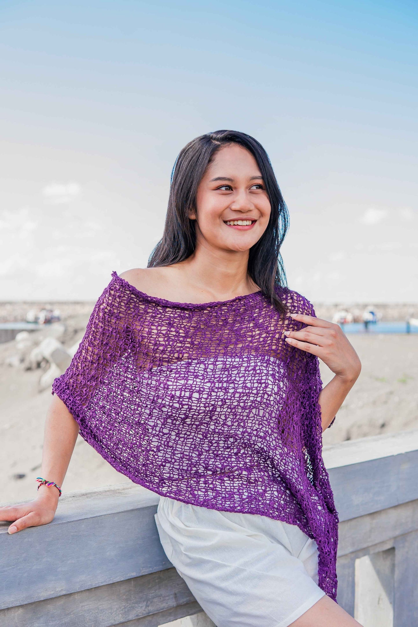 Short Popcorn Knit Poncho - Purple