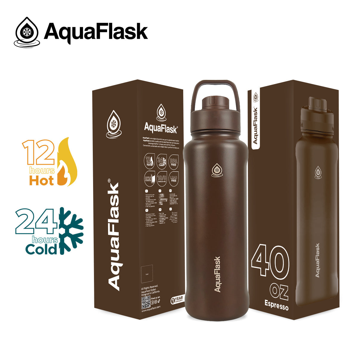 AquaFlask 1080ml (40oz) Edelstahl-Trinkflasche mit Sportverschluss – Heiß- & Kaltgetränke, auslaufsicher, BPA--frei