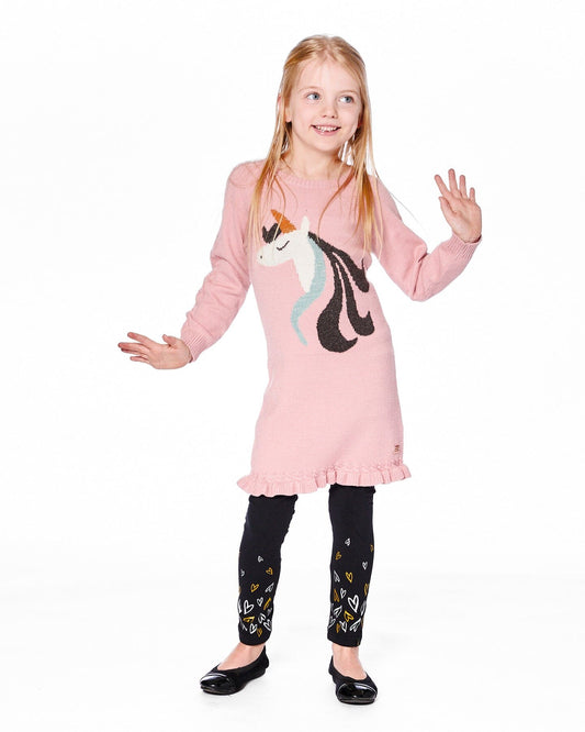 Knitted Dress Dusty Pink With Unicorn Intarsia