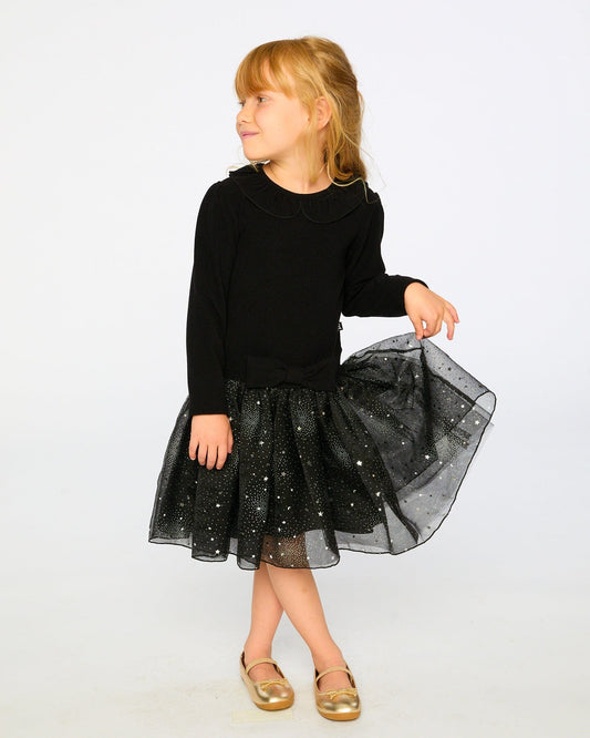 Bi-Material Dress With Glittering Skirt Black