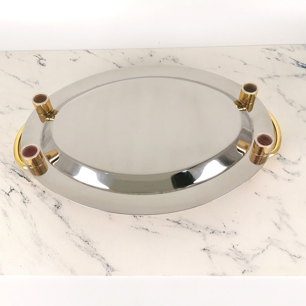 Edelstahl-Servierplatte, oval, mit goldfarbenen Griffen