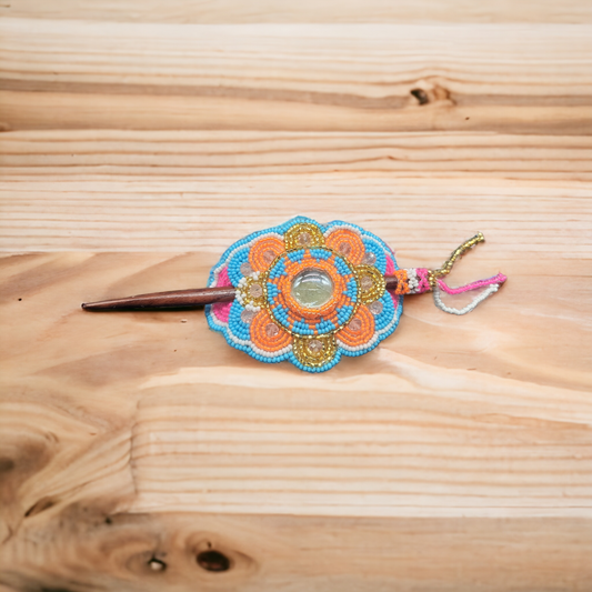 Native American Style Barrette Orange and Blue accent