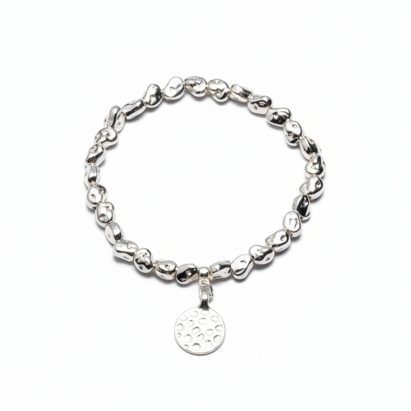 Beaten Circle Charm Nugget Bracelet in Silver Plate