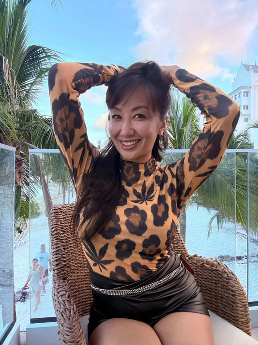 Leopard High-Neck Mesh Long-Sleeve Top