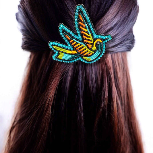 Turquoise and Orange Beaded Hummingbird Barrette
