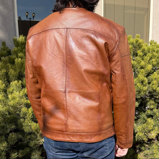 BOL Men’s Snap Collar Leather Racer Jacket. Genuine Sheep Leather Cafe Racer with 4 Zip Pockets