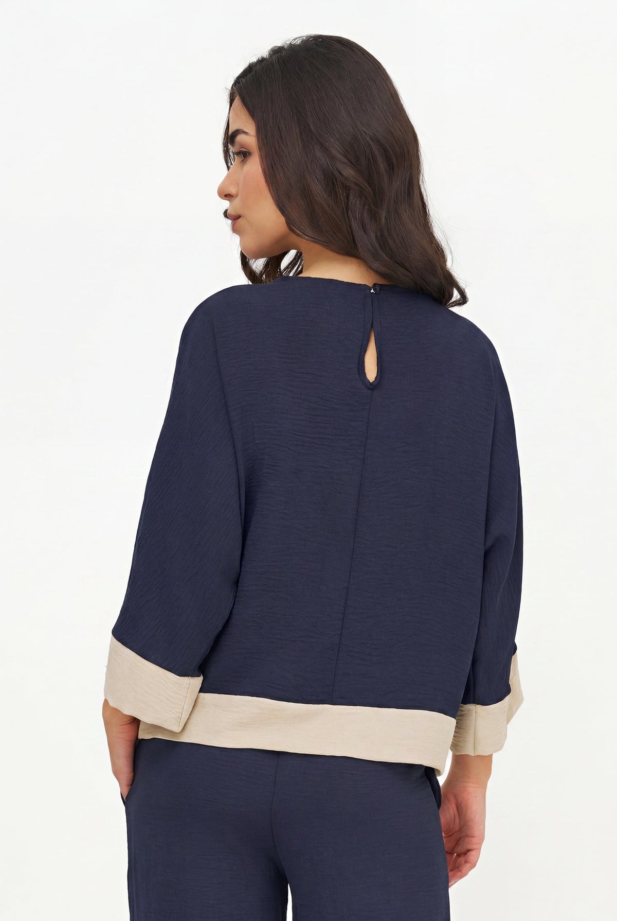 Women's Woven Color-Blocked Top, with a Wide Crew-Neckline & 3/4th Length Sleeves