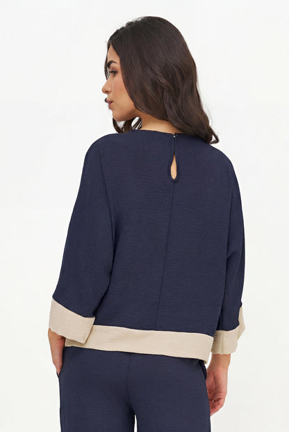 Women's Woven Color-Blocked Top, with a Wide Crew-Neckline & 3/4th Length Sleeves