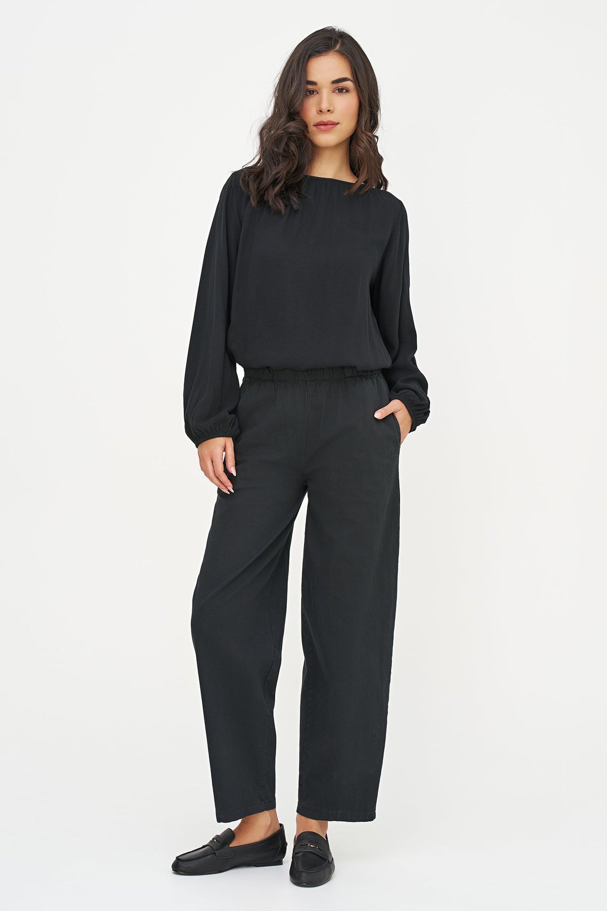 Women's Woven Boat-Neck Top, with Long Sleeves & Gathers At The Collar