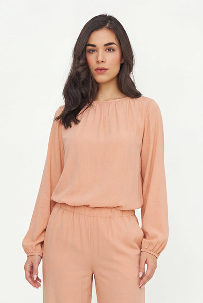 Women's Woven Boat-Neck Top, with Long Sleeves & Gathers At The Collar