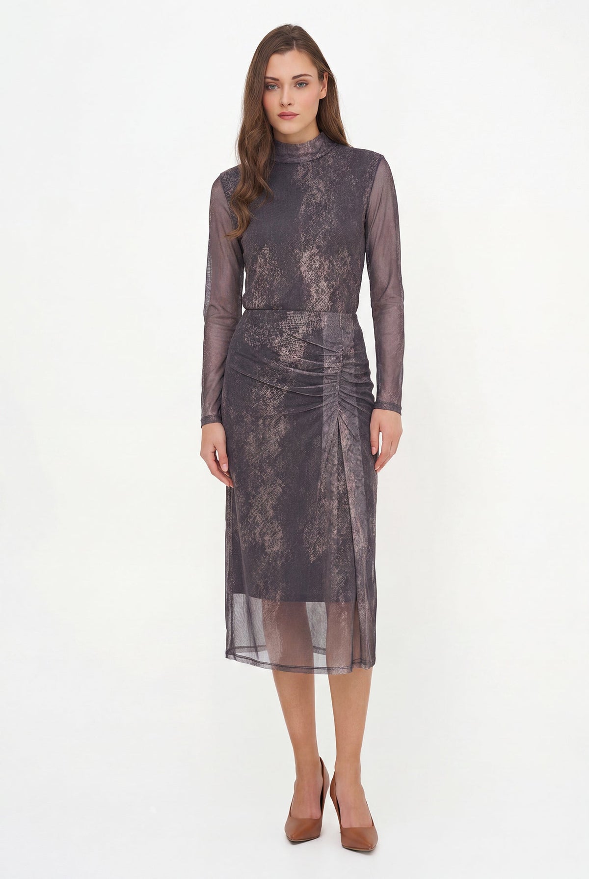 Women's Mesh-Knit Printed Top, with a Mock Neckline & Long Sleeves