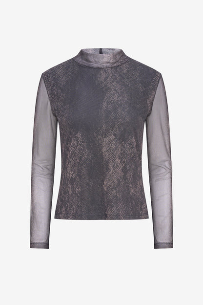 Women's Mesh-Knit Printed Top, with a Mock Neckline & Long Sleeves