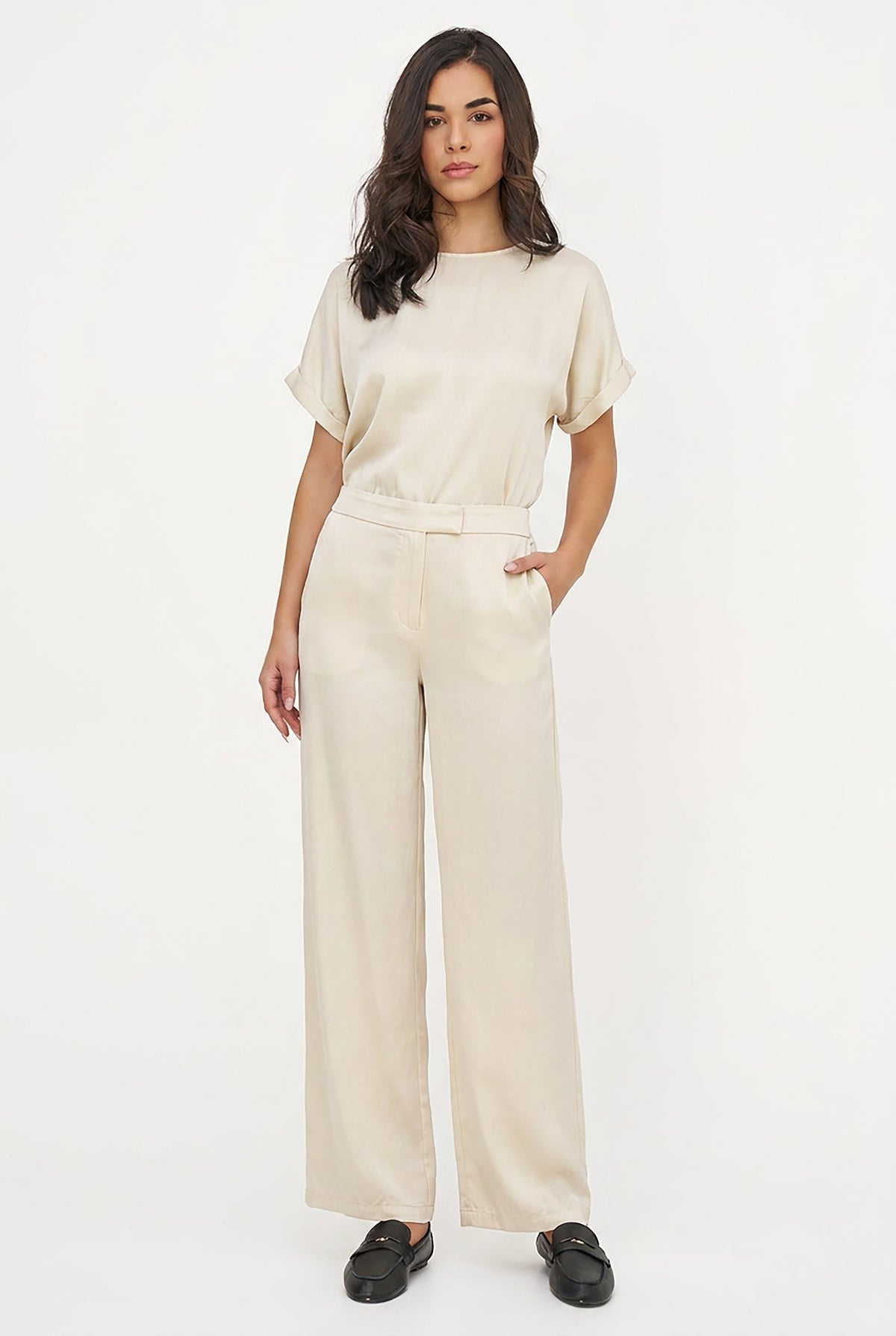 Women's Woven Crew-Neck Top, Short Cuffed Sleeves & Back Button
