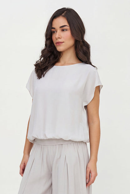 Women's Woven Boat-Neck Top, with Delicate Flowing Cap Sleeves & a Jersey Waistband Creating a Bubbled Effect