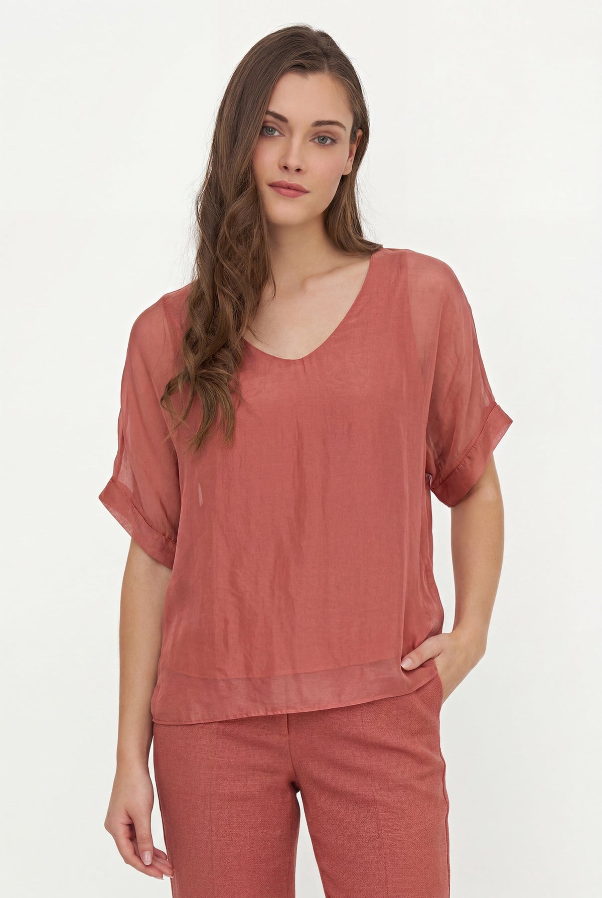 Women's Woven V-Neckline Top, with Short Sleeves