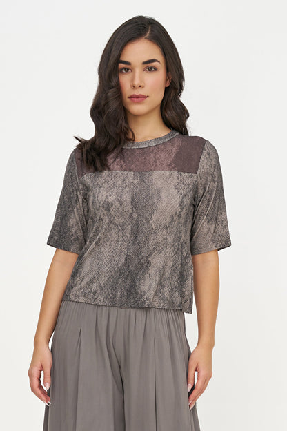 Women's Buttery-Soft Printed Knit Crew-Neck Top, with Elbow Length Sleeves & a Woven Sheer Crepe Front Yoke Detailing
