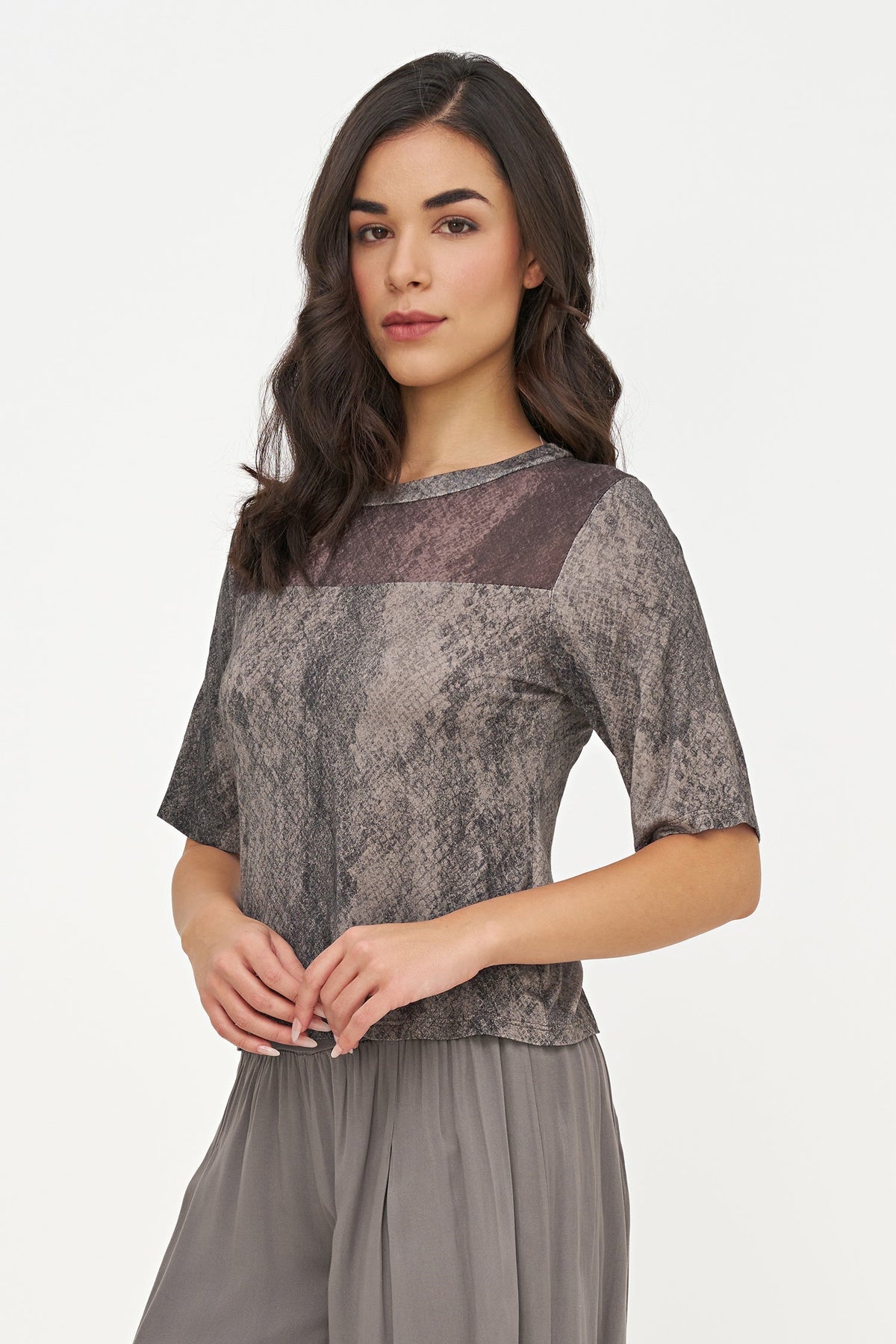 Women's Buttery-Soft Printed Knit Crew-Neck Top, with Elbow Length Sleeves & a Woven Sheer Crepe Front Yoke Detailing