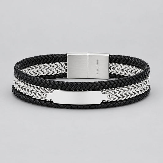 Men's Steel Biker Bracelet. Black Leather Braided Chain Multi-Layer Magnetic Clasp